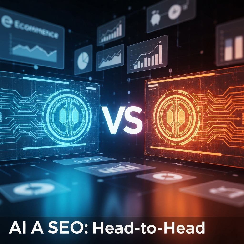 A futuristic digital graphic depicting two distinct AI systems, one blue and one orange, engaging in a data-driven comparison, with ecommerce analytics in the background. The image represents the article "AI vs. AI: A Data-Driven Comparison of the Top 5 Ecommerce SEO Tools."