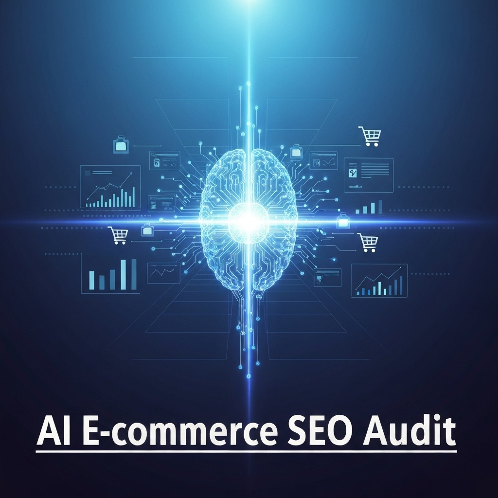 A modern digital illustration showing an AI neural network processing e-commerce data, with product icons and graphs converging into a clear structure, representing "How to Perform an AI-Powered Technical SEO Audit for Your Ecommerce Site: A 5-Step Guide".