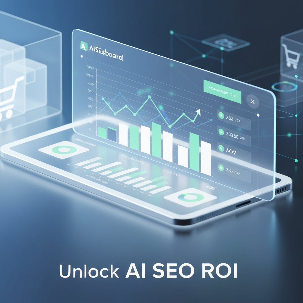 A modern AI SEO dashboard displaying upward-trending graphs and financial metrics, with the headline "Unlock AI SEO ROI" overlaid. The image visually represents how to calculate the ROI of AI SEO dashboards for ecommerce businesses.