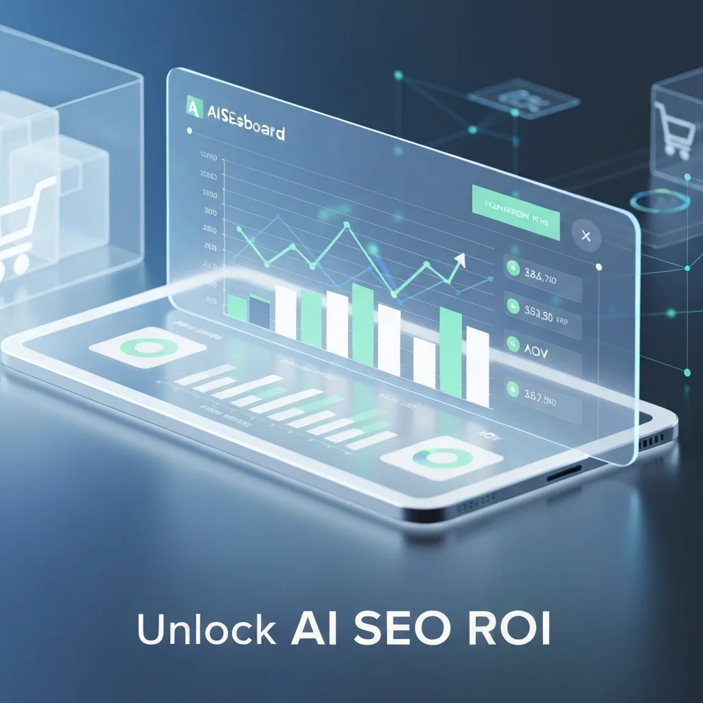 A modern AI SEO dashboard displaying upward-trending graphs and financial metrics, with the headline "Unlock AI SEO ROI" overlaid. The image visually represents how to calculate the ROI of AI SEO dashboards for ecommerce businesses.