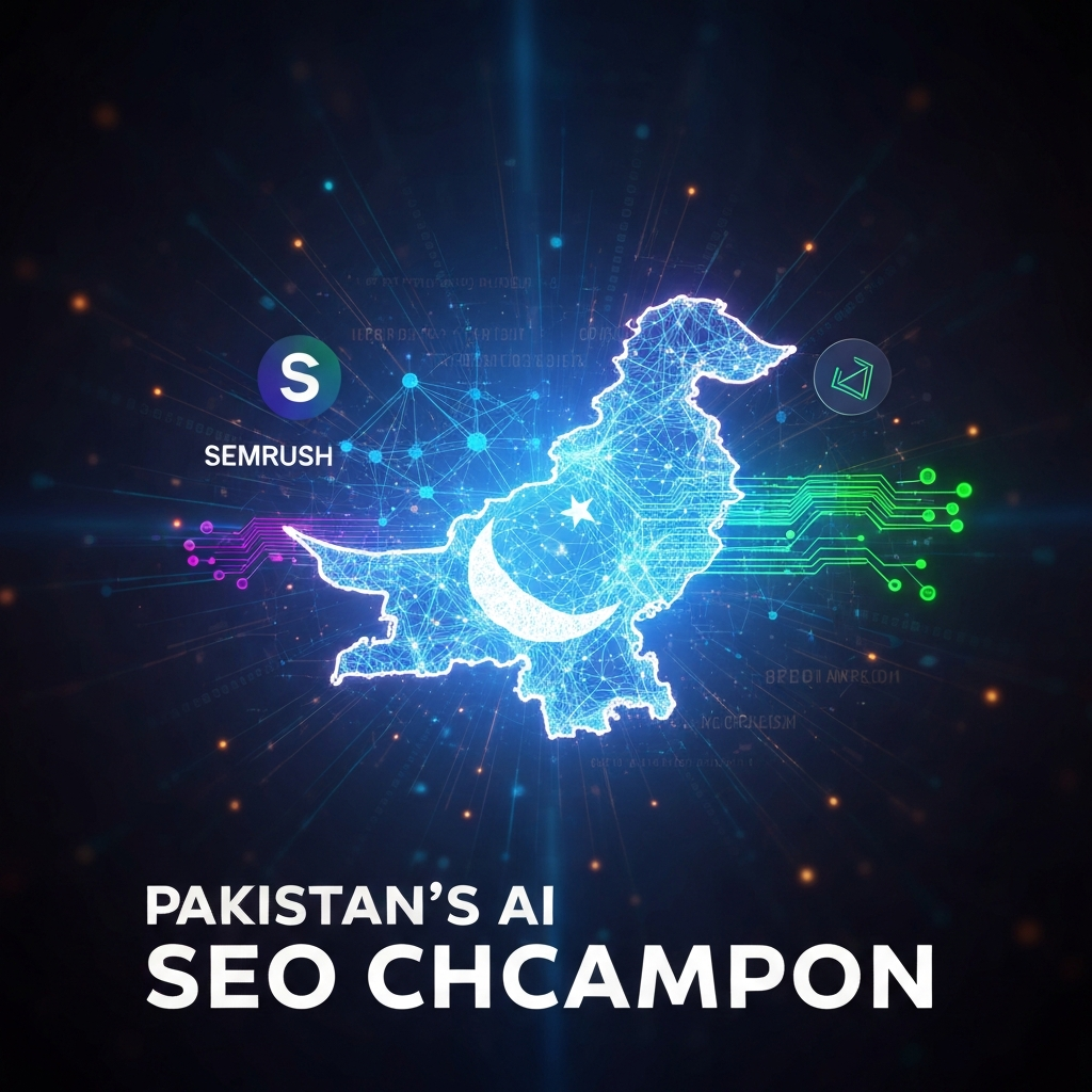 A futuristic digital illustration showing a glowing, abstract map of Pakistan intertwined with AI neural networks and data streams, representing the best AI SEO tool for the Pakistani market in 2025, comparing Semrush vs. Ahrefs.